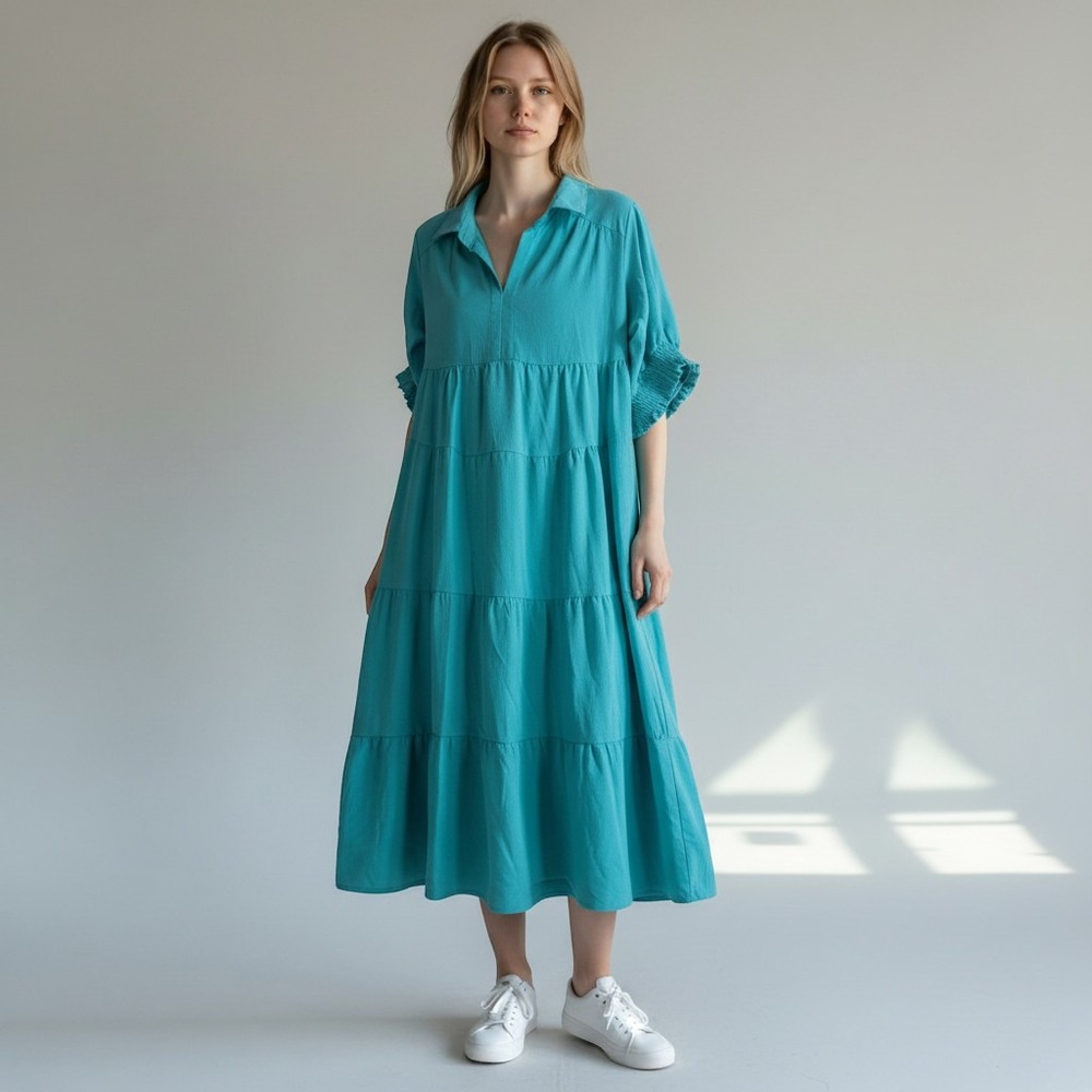 Umgee Tiered Midi Dress Womens M Teal Blue Boho Smocked Puff Sleeve A0749